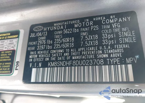 2013 Hyundai Santa Fe Gls z USA, uszkodzony, nr VIN KM8SNDHF8DU023708